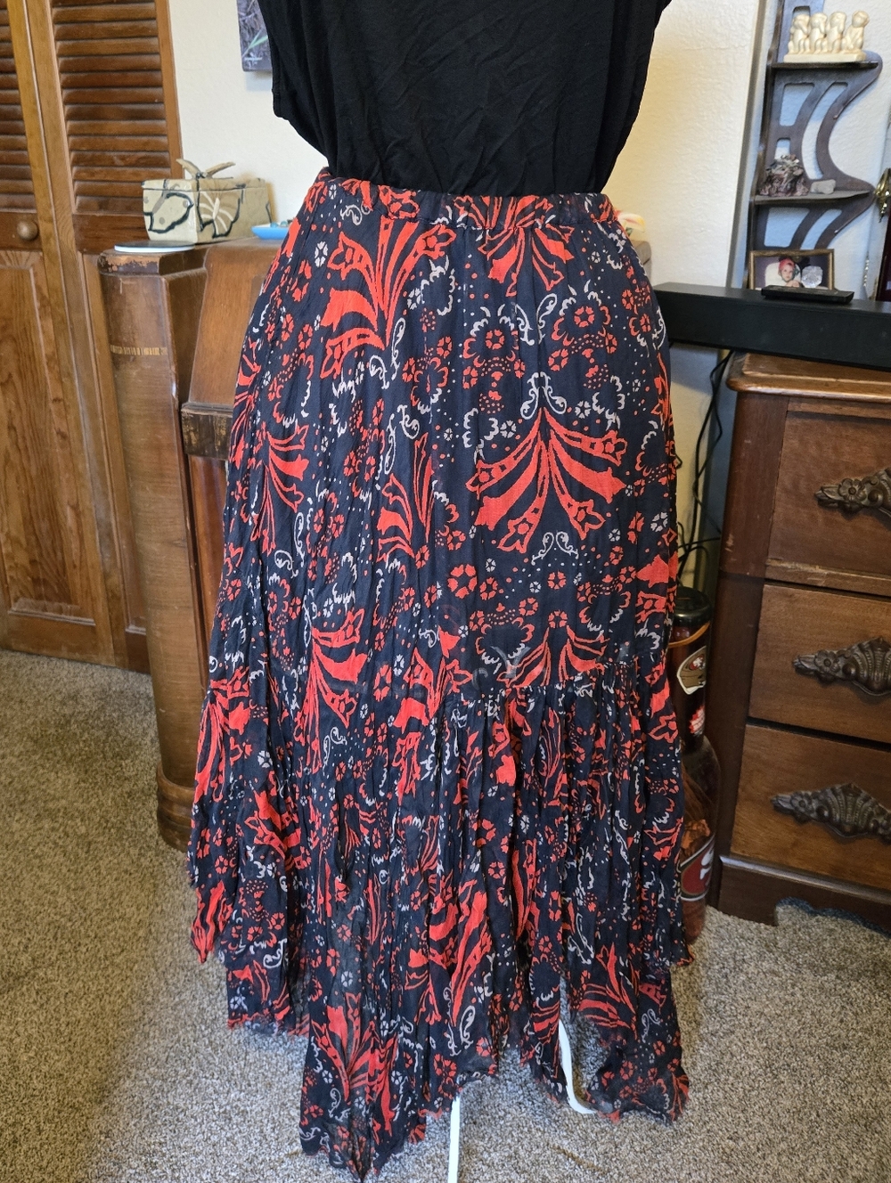 Free People Red and Black Floral Tiered Maxi Skirt - Women